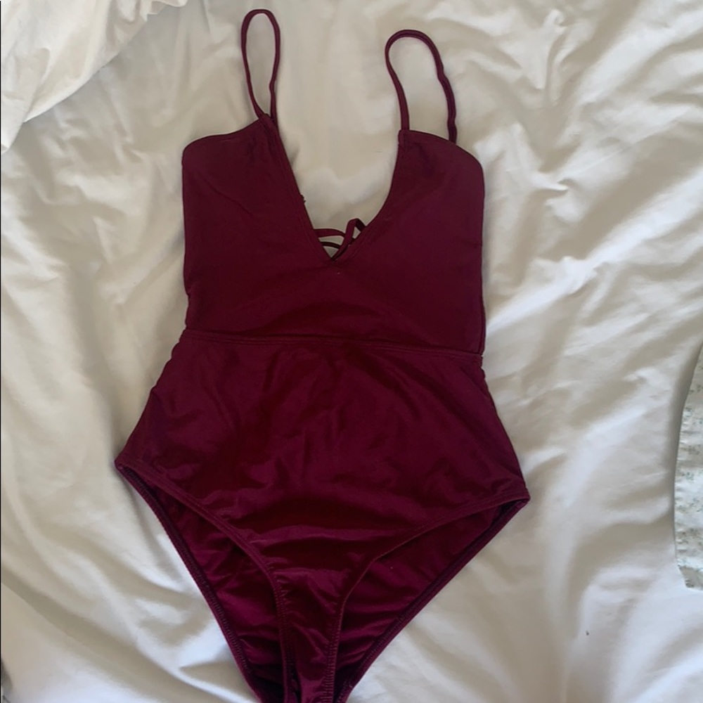 ASOS burgundy one piece plunge bathing suit